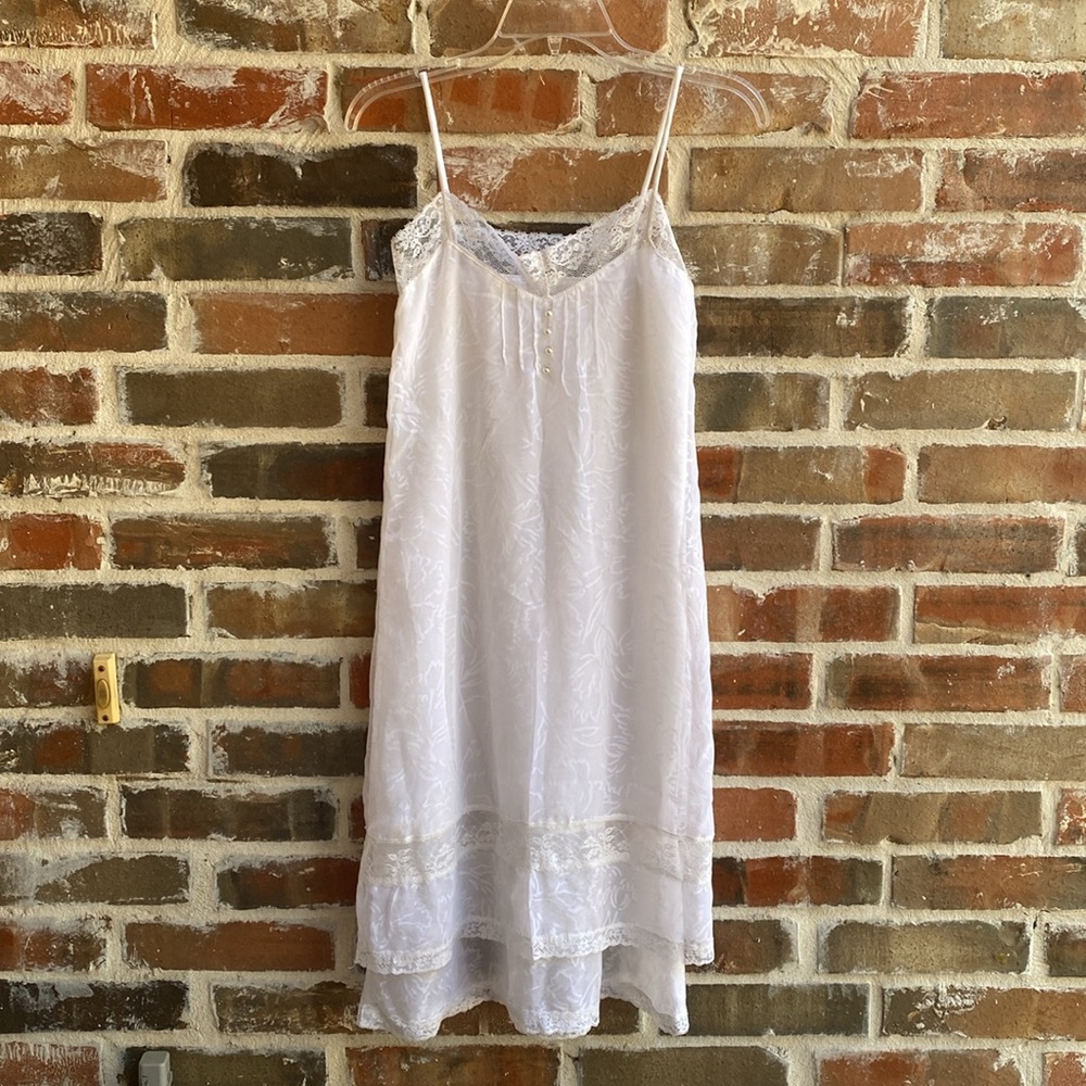 Elegant White Lace Trimmed Slip Dress or Nightie with pearl buttons